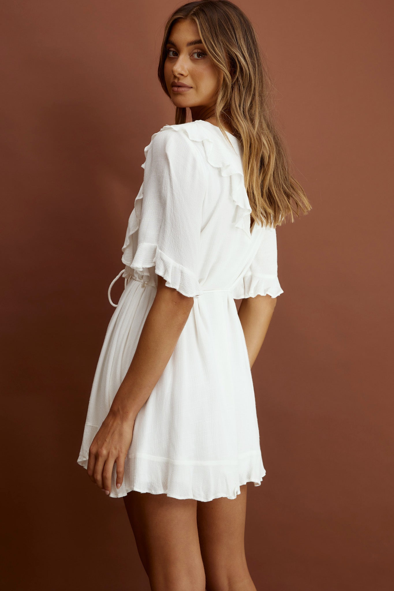 Promenade Faux Placket Pintuck Dress White-Maymioy