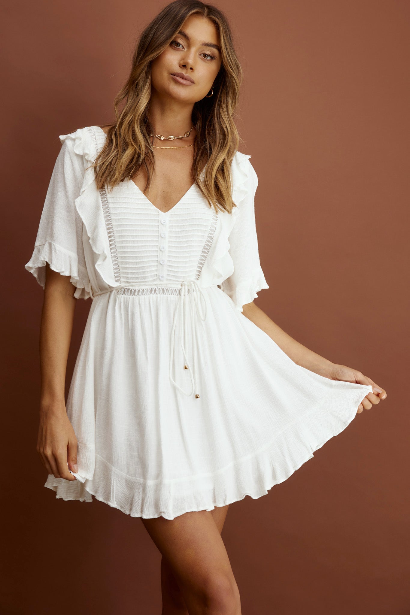 Promenade Faux Placket Pintuck Dress White-Maymioy