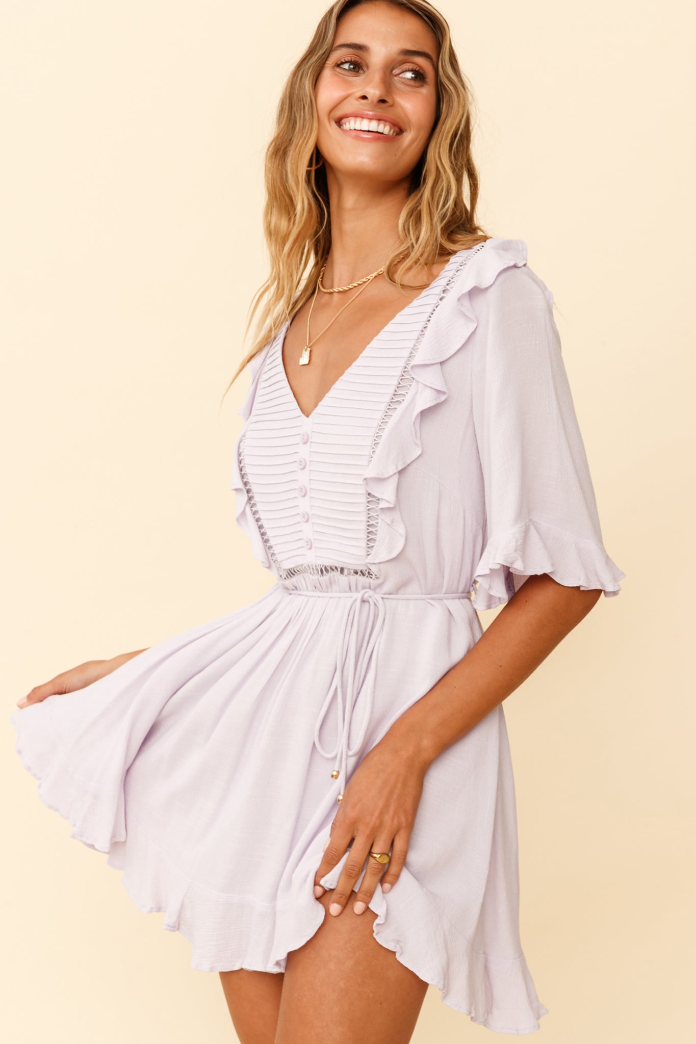 Promenade Faux Placket Pintuck Dress Lilac-Maymioy