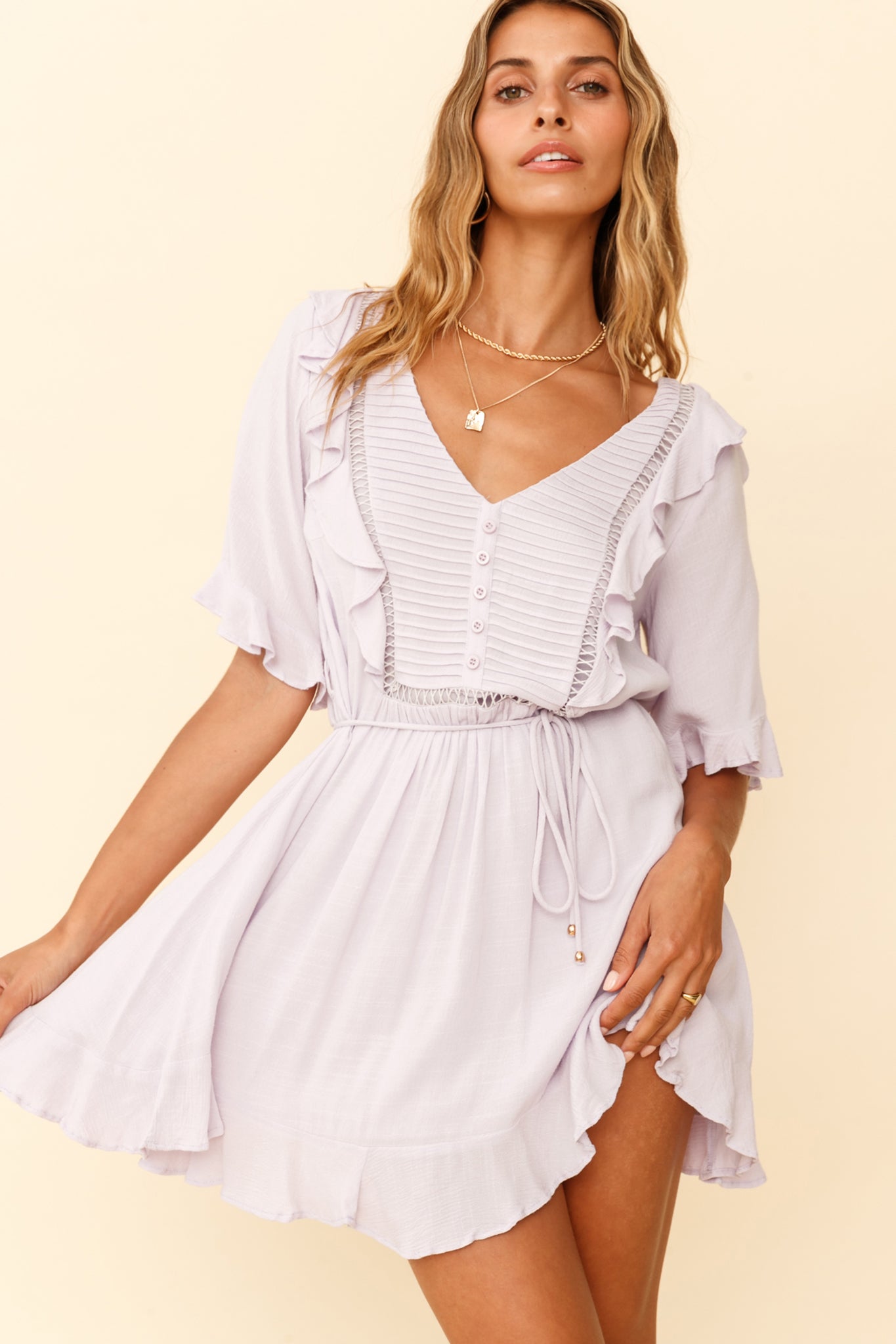 Promenade Faux Placket Pintuck Dress Lilac-Maymioy