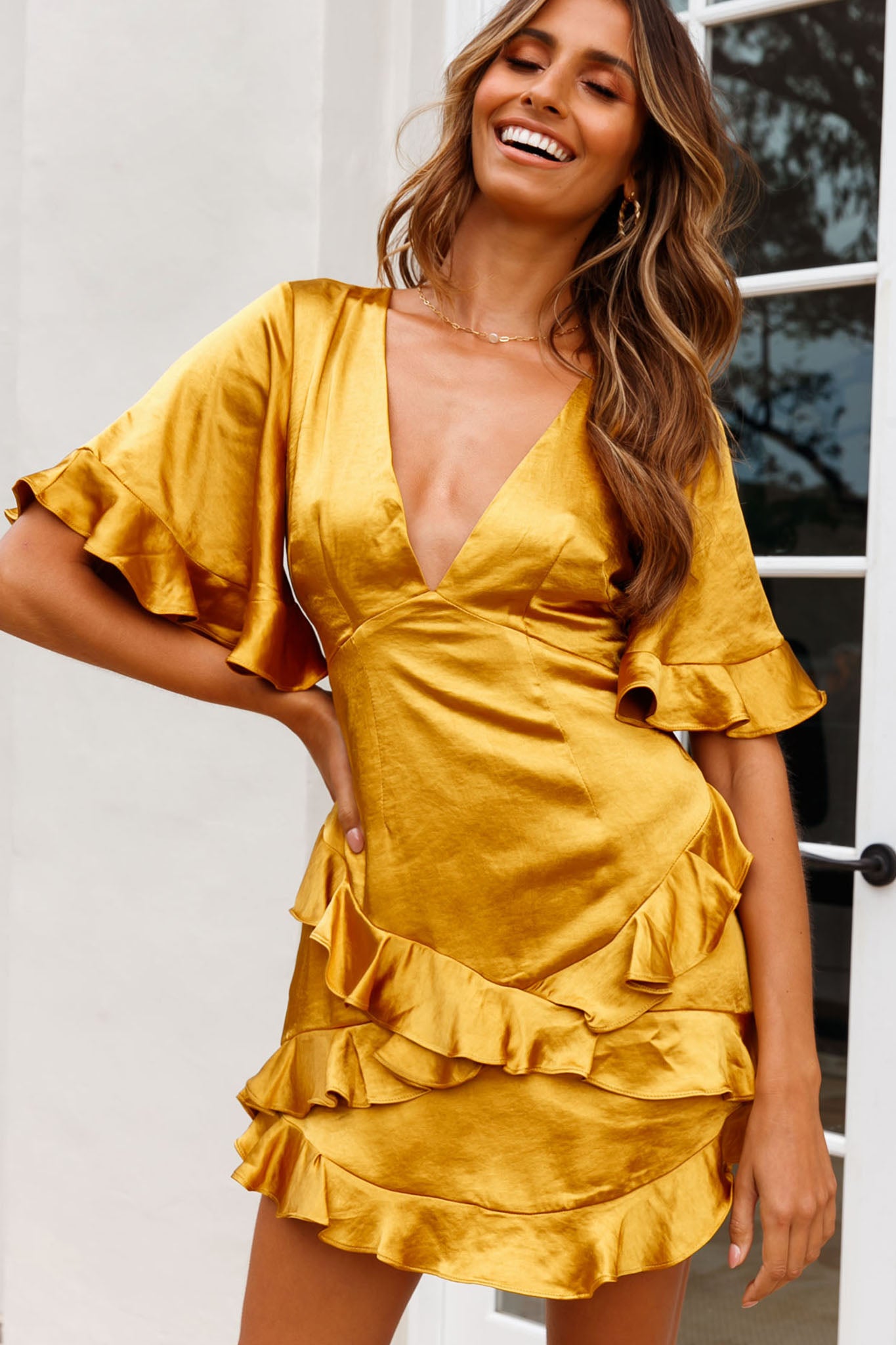 Miss Coco Angel Sleeve Ruffle Trim Dress Mustard-Maymioy