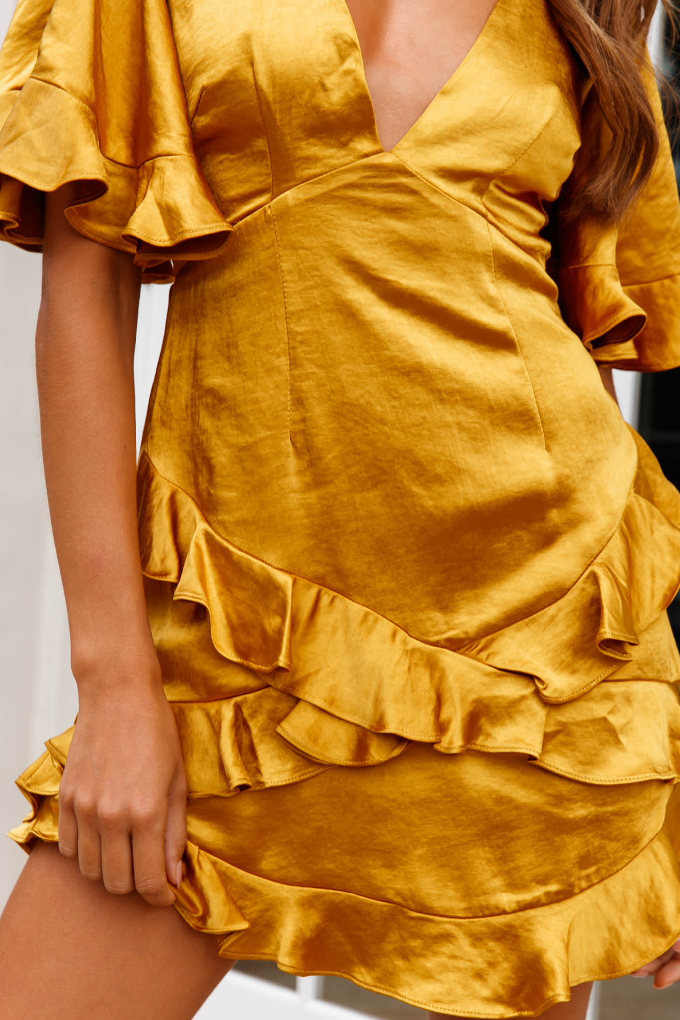 Miss Coco Angel Sleeve Ruffle Trim Dress Mustard-Maymioy