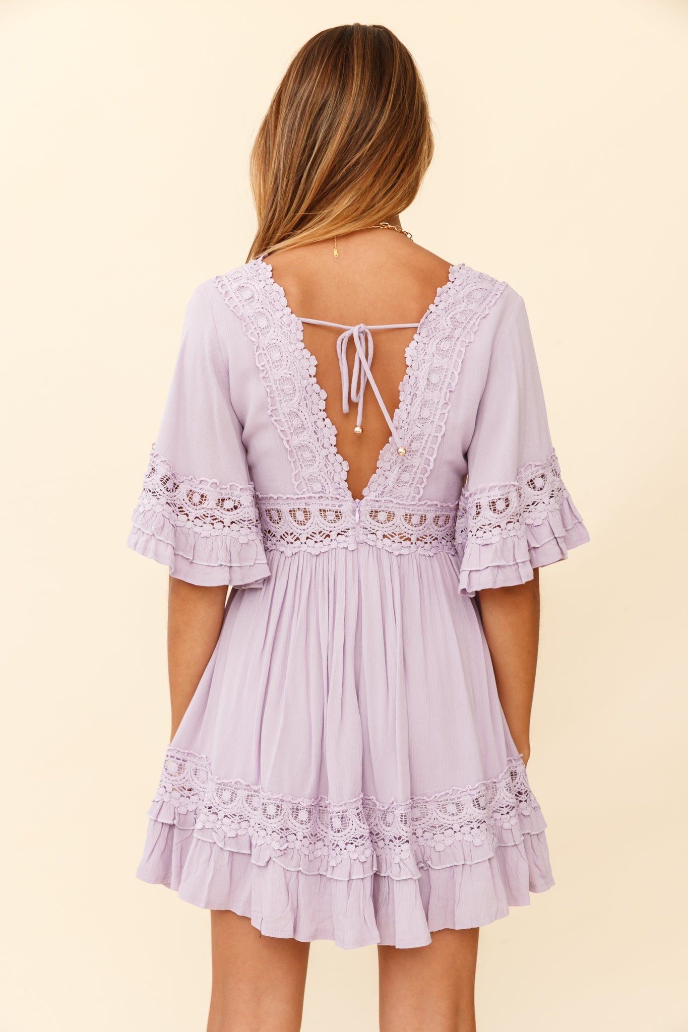 Kauai V-Neckline Crochet Lace Trim Dress Lilac-Maymioy