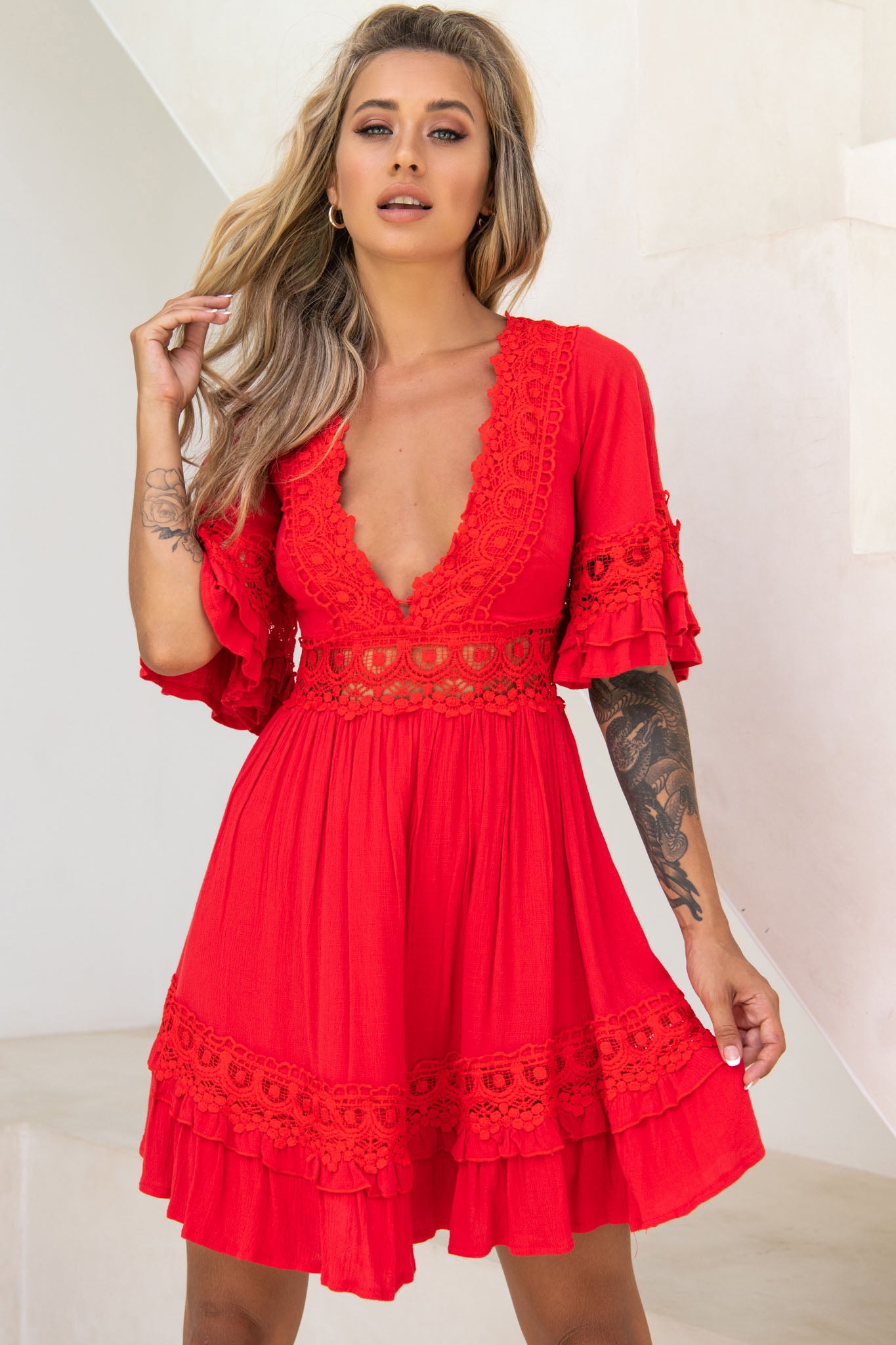 Kauai V-Neckline Crochet Lace Trim Dress Red-Maymioy