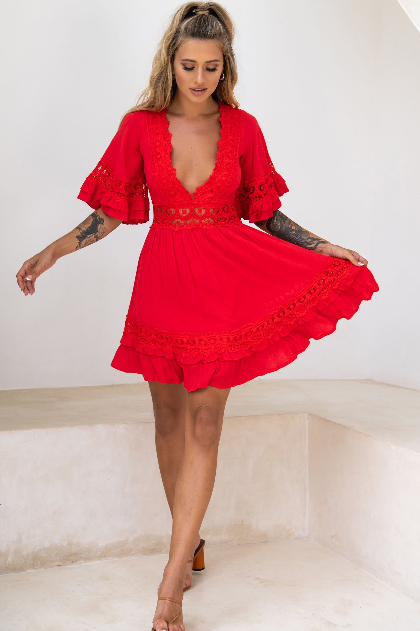 Kauai V-Neckline Crochet Lace Trim Dress Red-Maymioy