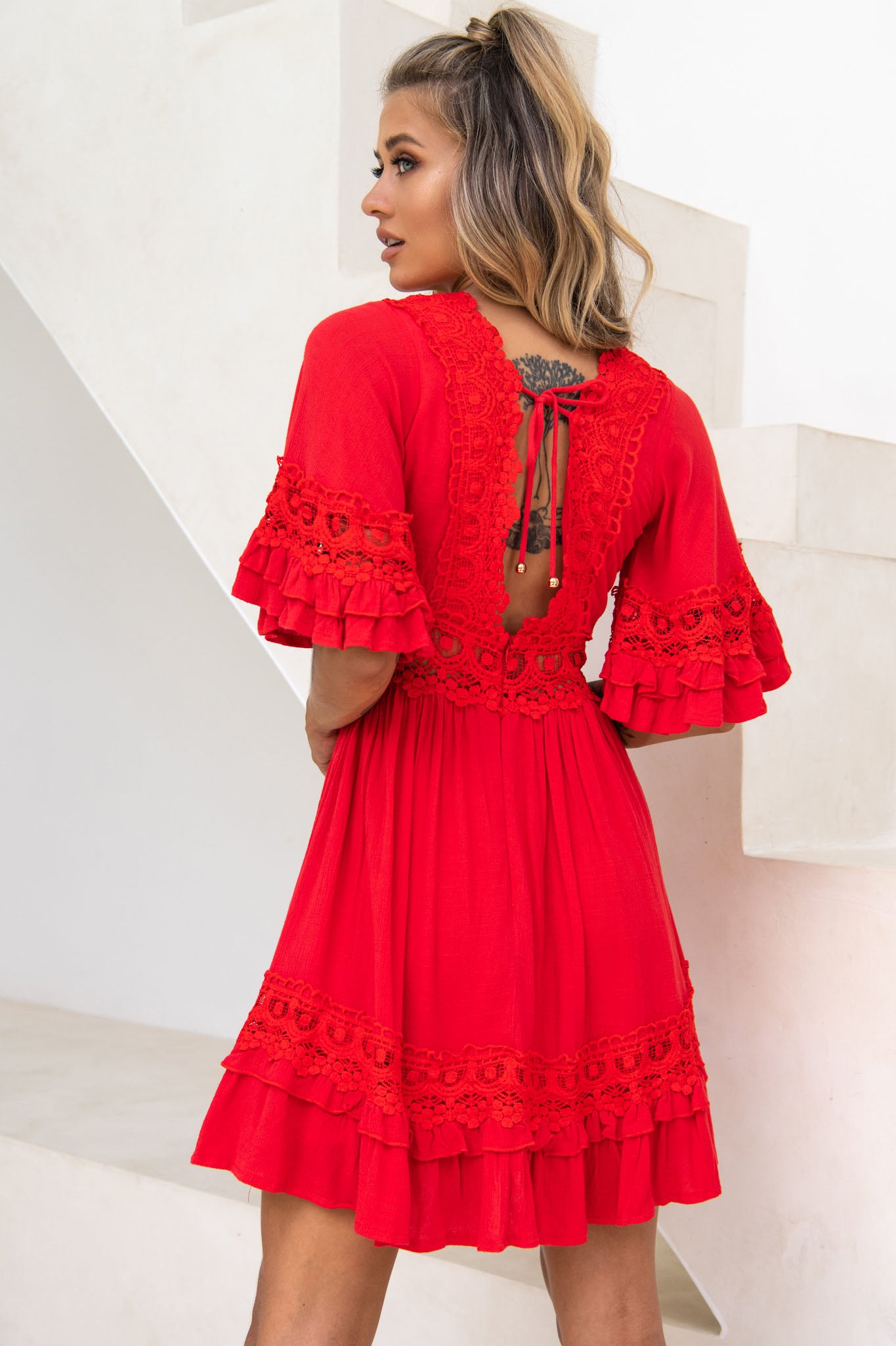 Kauai V-Neckline Crochet Lace Trim Dress Red-Maymioy