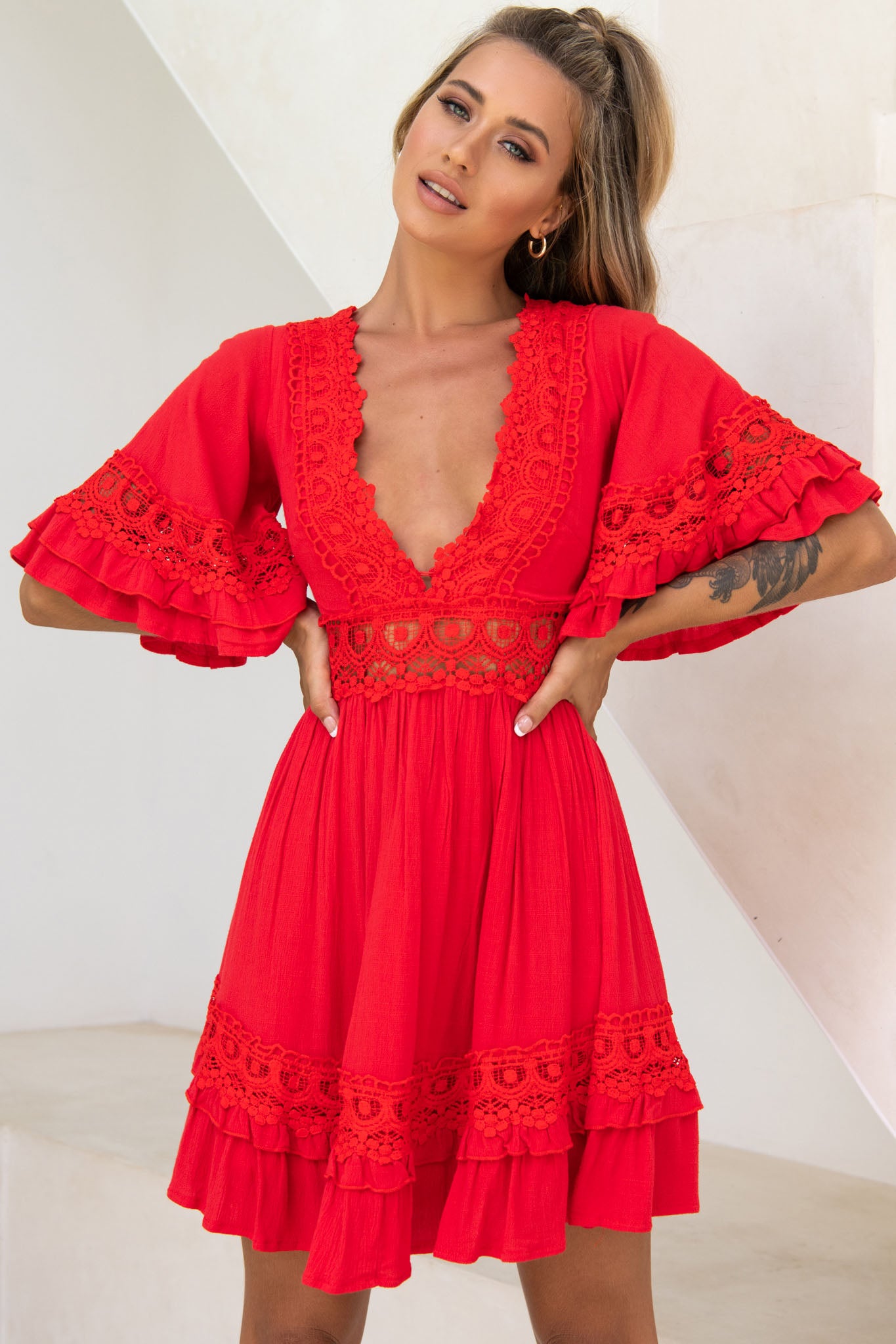 Kauai V-Neckline Crochet Lace Trim Dress Red-Maymioy