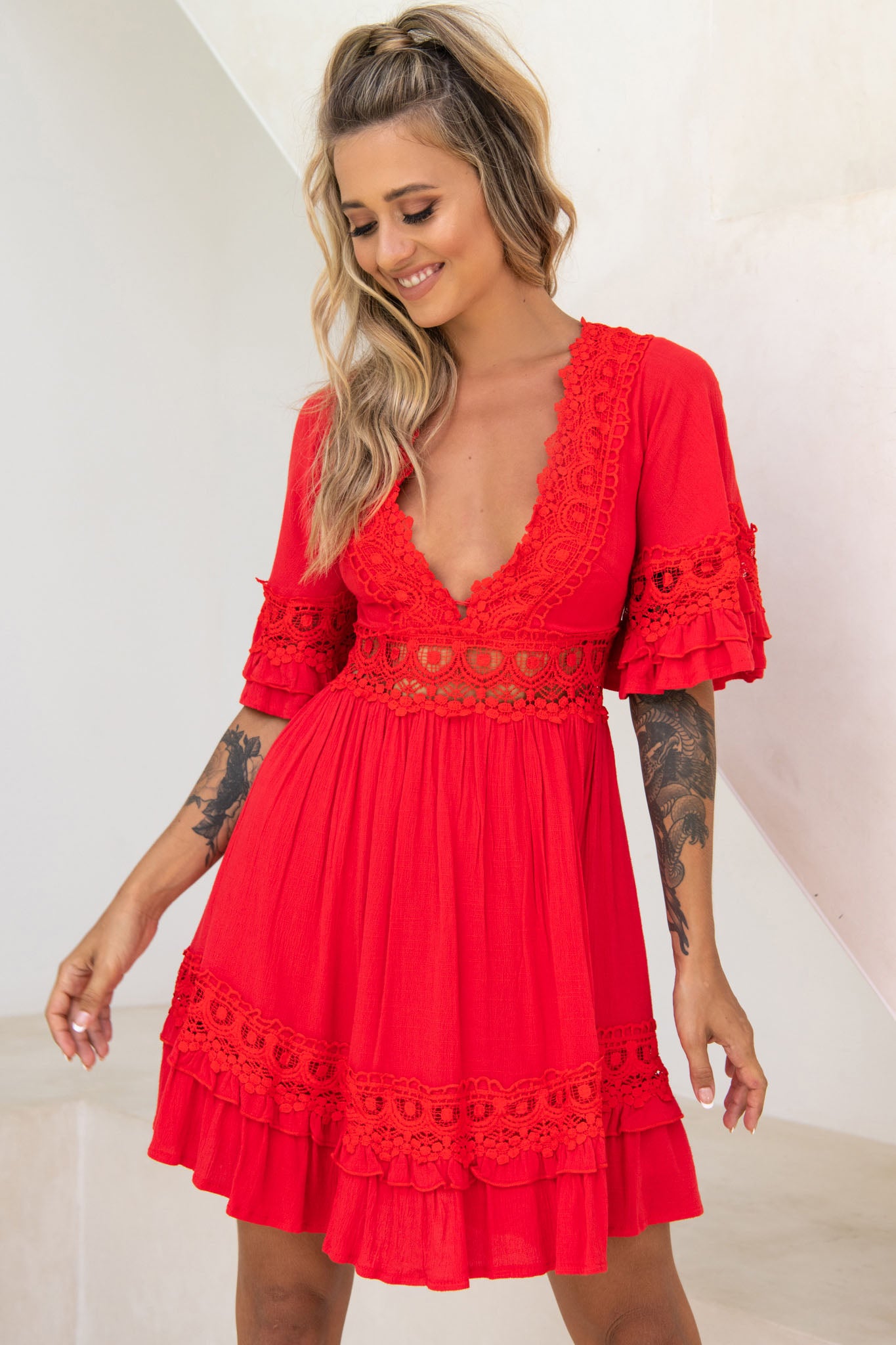 Kauai V-Neckline Crochet Lace Trim Dress Red-Maymioy