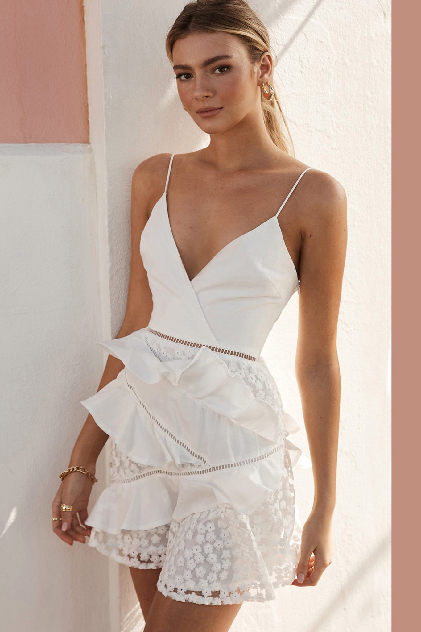 Taurus Floral Embroidery and Ruffle Trim Dress White-Maymioy