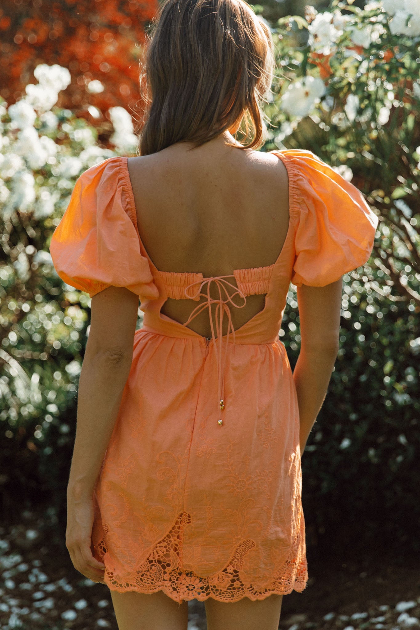 Lovers Lane Lace Trim Puff Sleeve Dress Neon Orange-Maymioy