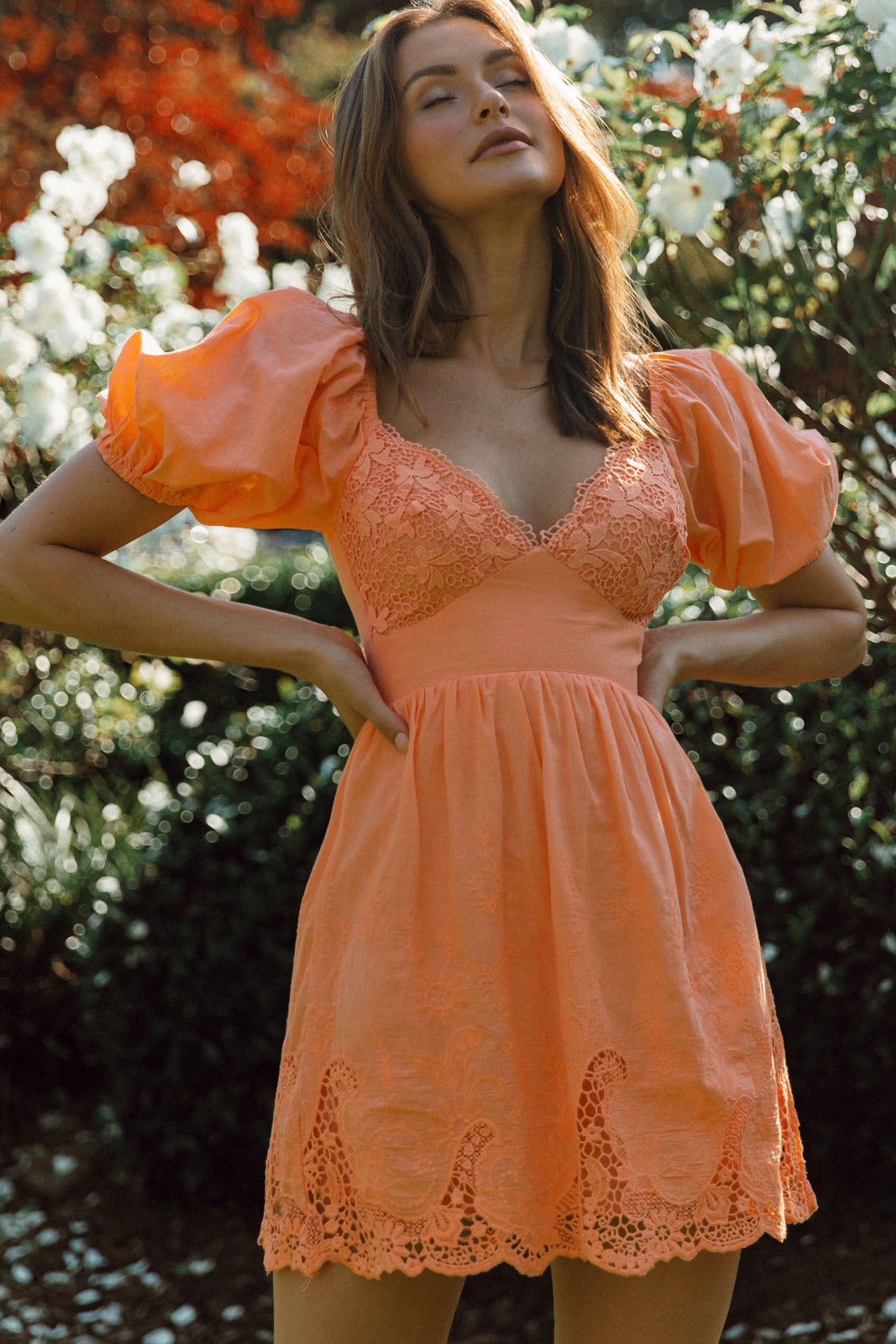 Lovers Lane Lace Trim Puff Sleeve Dress Neon Orange-Maymioy