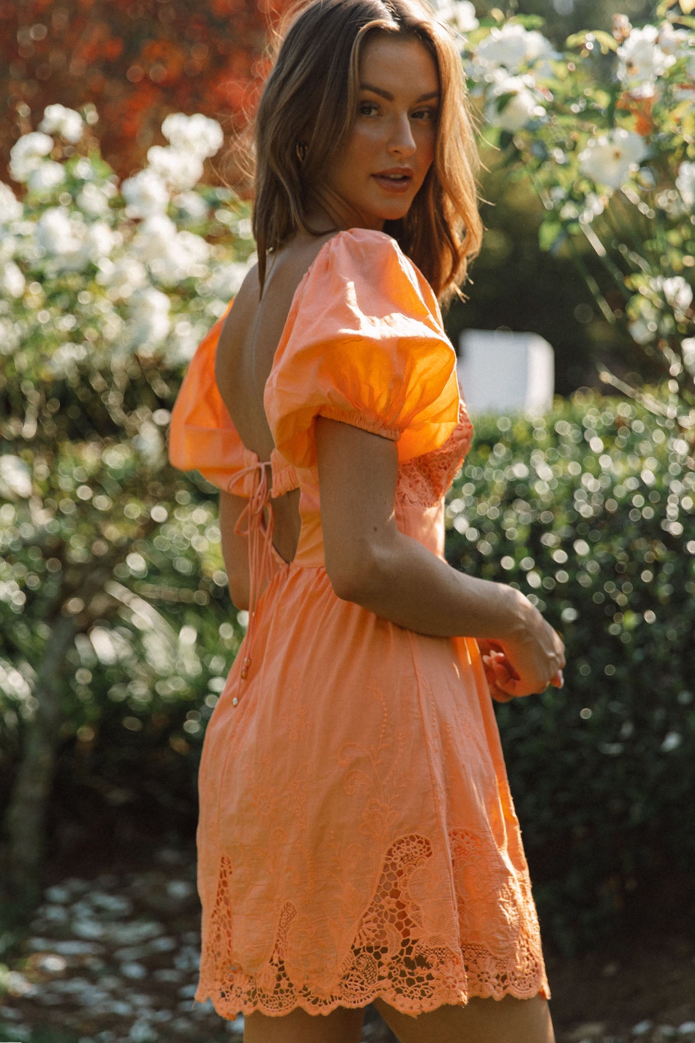 Lovers Lane Lace Trim Puff Sleeve Dress Neon Orange-Maymioy
