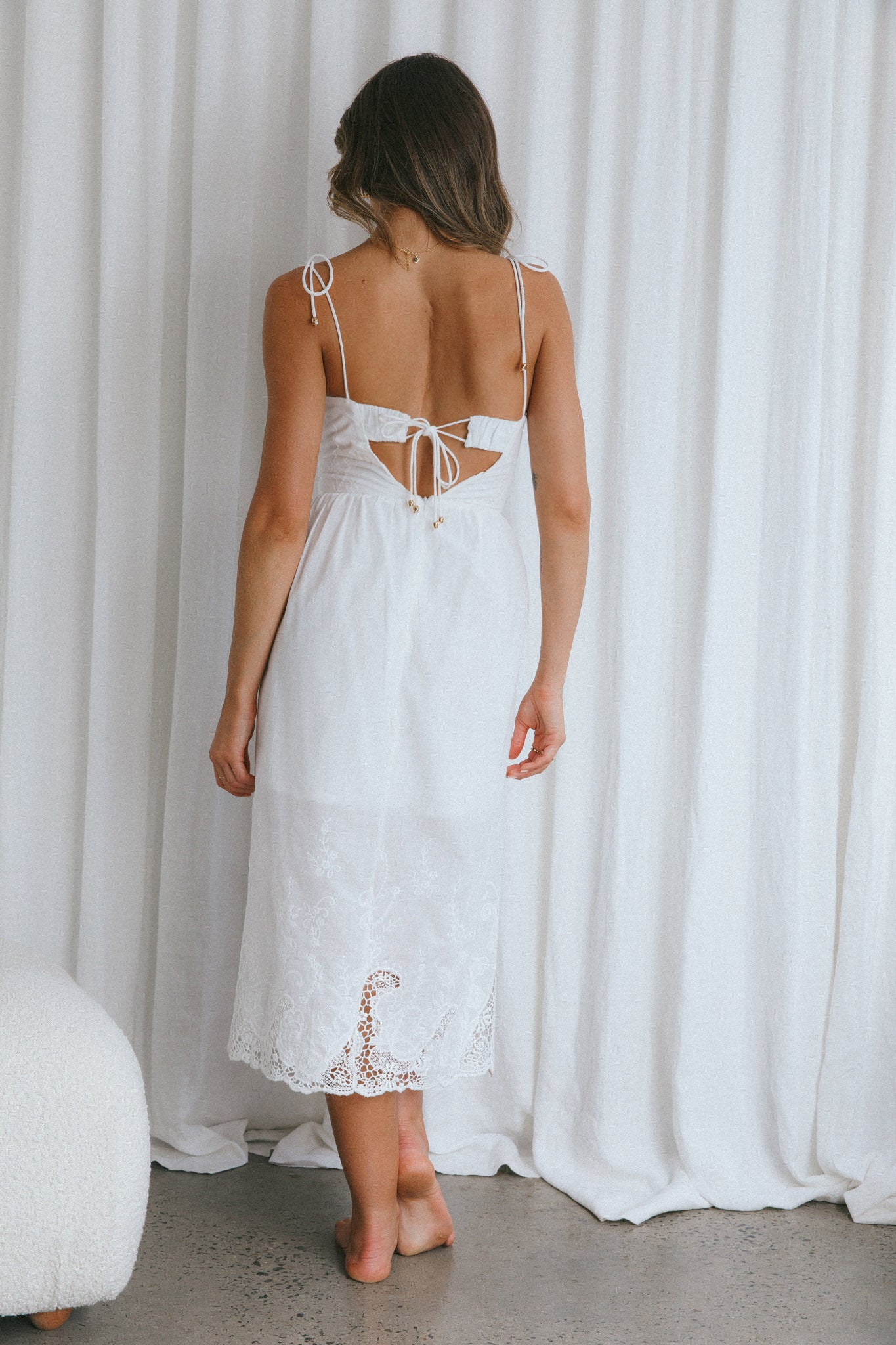 Lovers Lane Lace Trim Tied Strap Midi Dress White-Maymioy