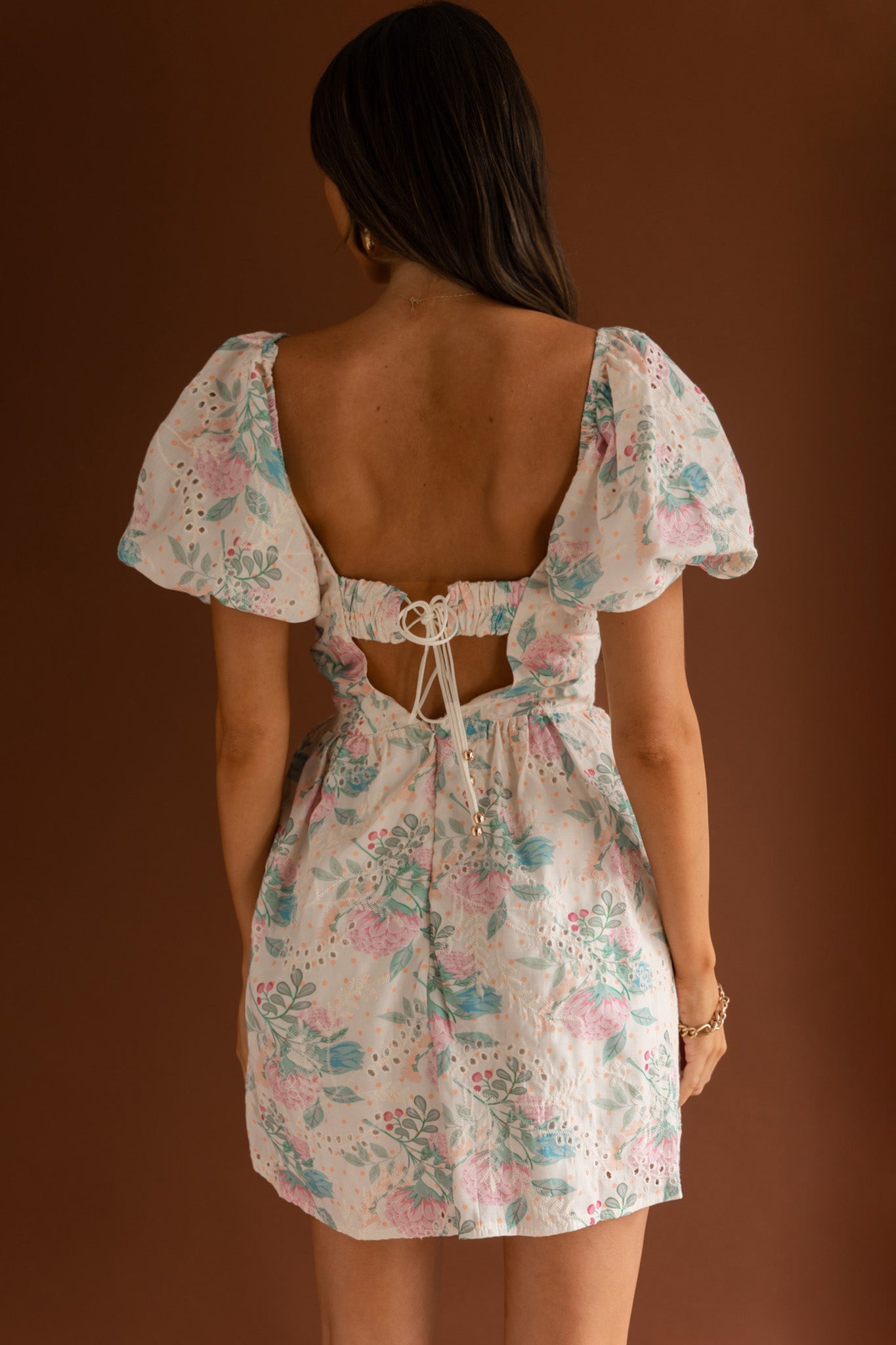 Lovers Lane Lace Trim Puff Sleeve Dress Floral Apricot-Maymioy