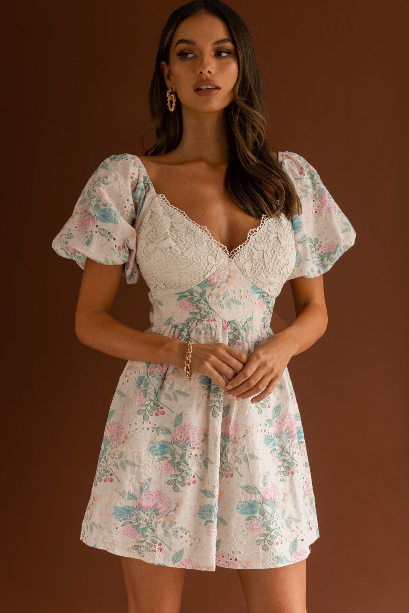 Lovers Lane Lace Trim Puff Sleeve Dress Floral Apricot-Maymioy