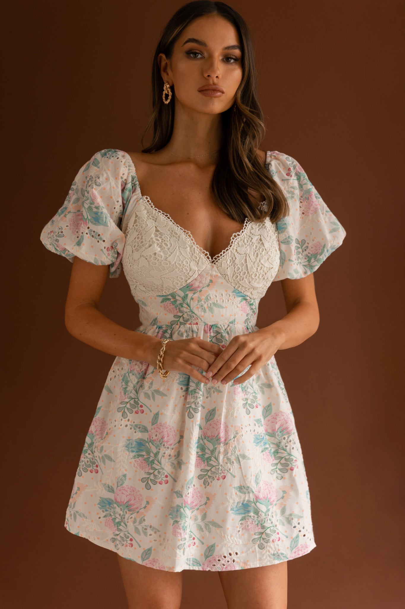 Lovers Lane Lace Trim Puff Sleeve Dress Floral Apricot-Maymioy