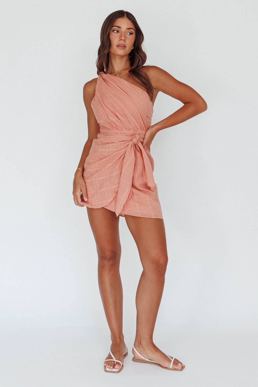 Island Time One-Shoulder Mini Dress Peach-Maymioy