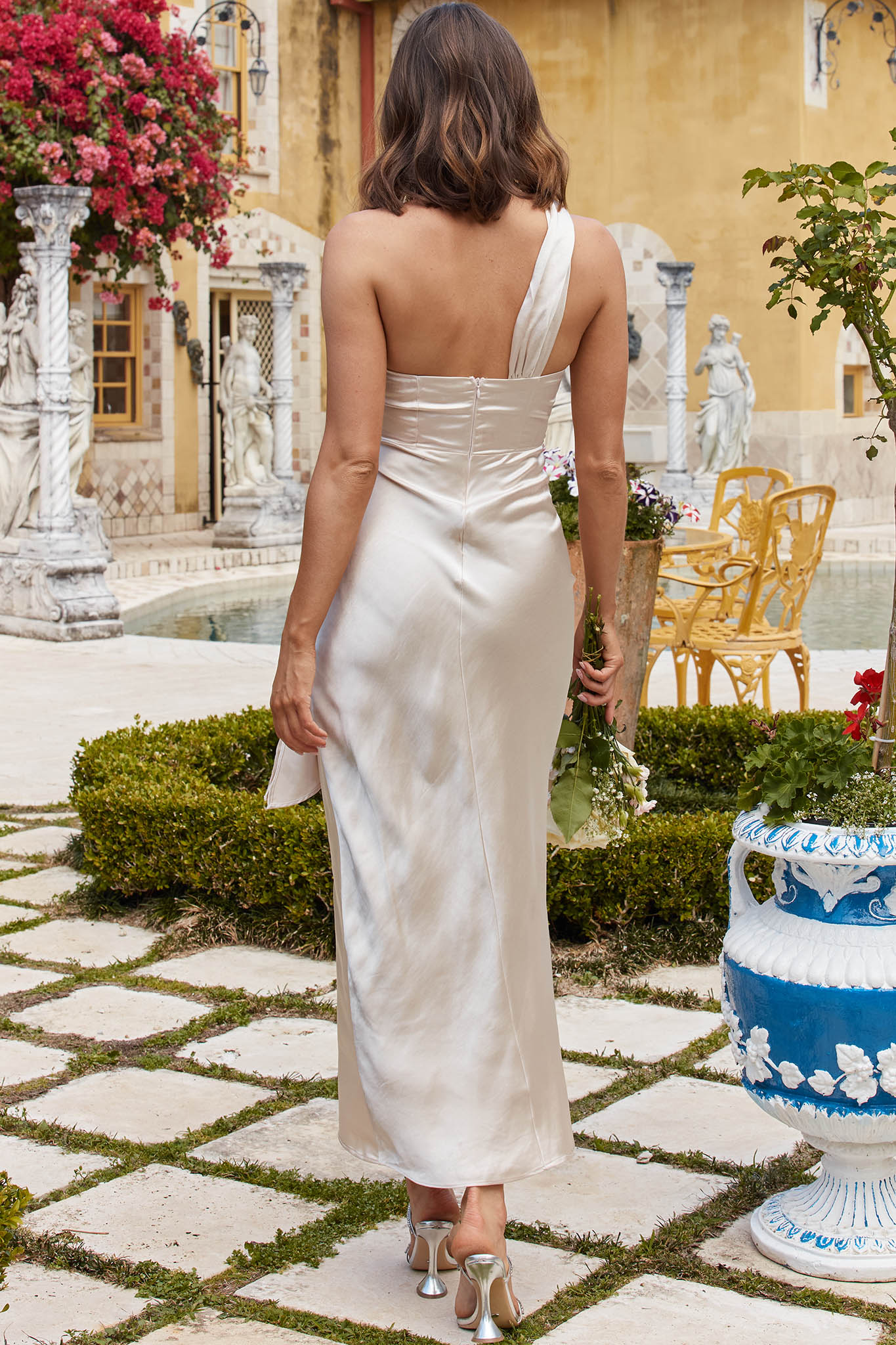 Island Time One-Shoulder Midi Dress Satin Champagne-Maymioy