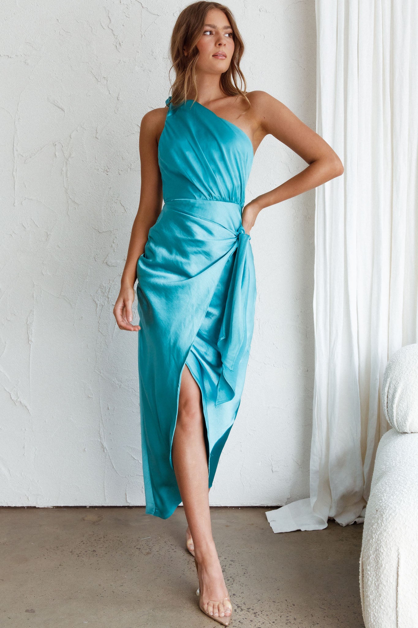 Island Time One-Shoulder Midi Dress Satin Aqua-Maymioy