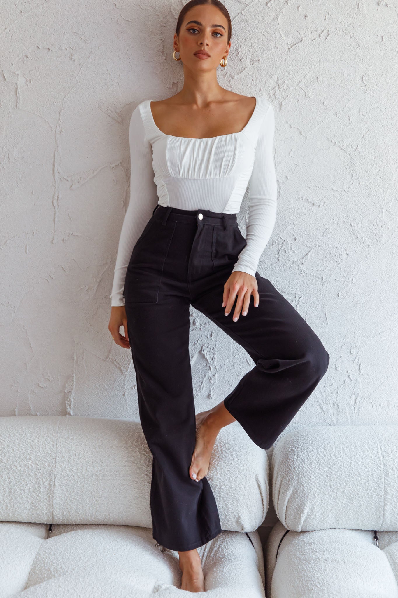 Bobbi Long Sleeve Ruched Side Ribbed Bodysuit White-Maymioy