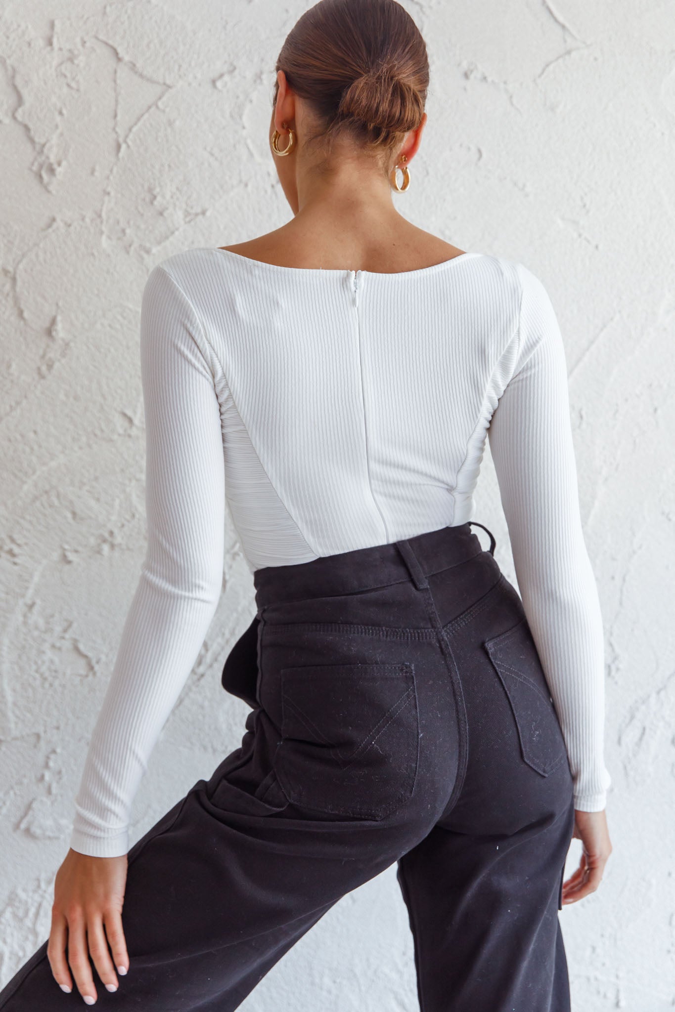 Bobbi Long Sleeve Ruched Side Ribbed Bodysuit White-Maymioy