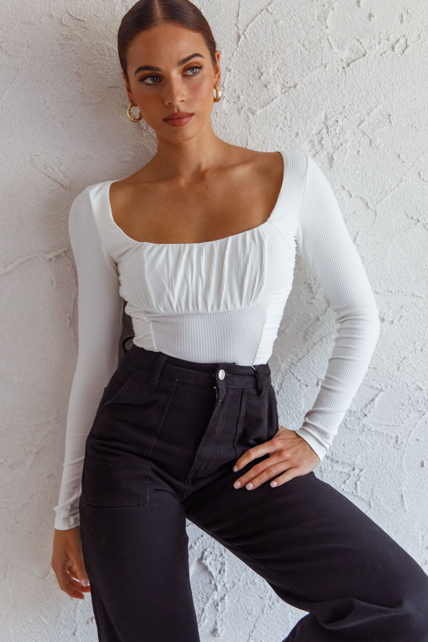 Bobbi Long Sleeve Ruched Side Ribbed Bodysuit White-Maymioy