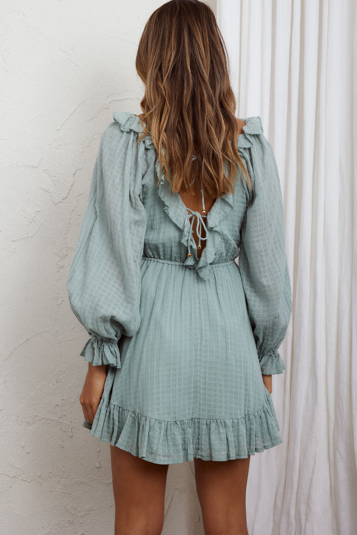 Hooked On A Feeling Long Sleeve String Tie Back Mini Dress Sage-Maymioy