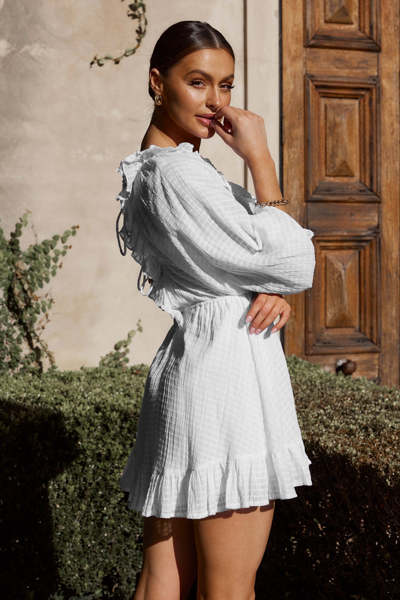 Hooked On A Feeling Long Sleeve String Tie Back Mini Dress White-Maymioy