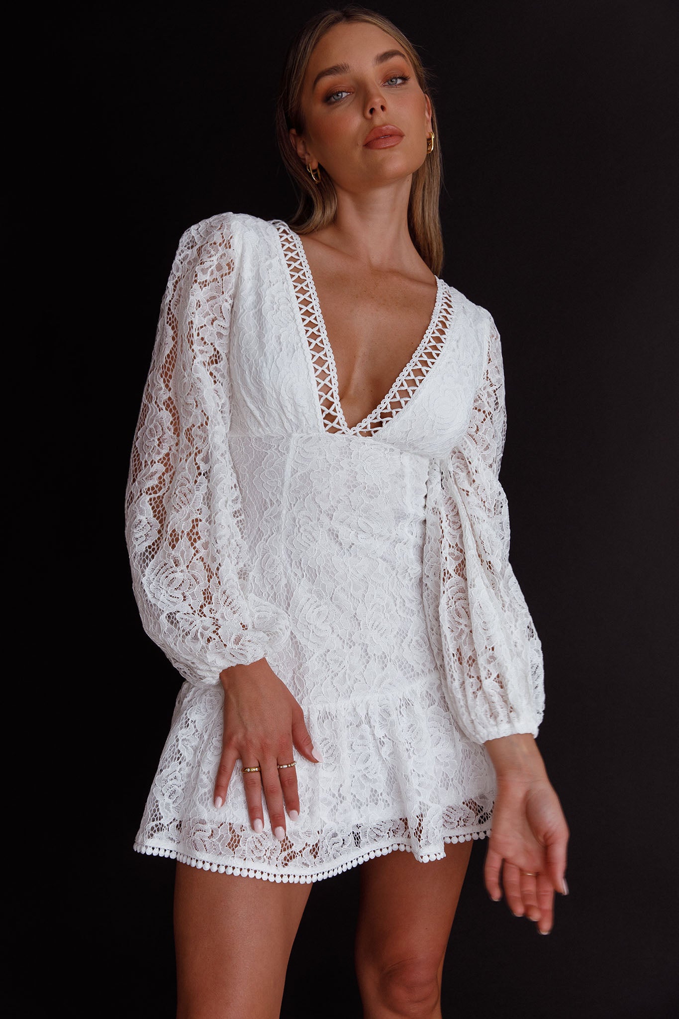 Summer Wine Long Sleeve Lace Dress White-Maymioy