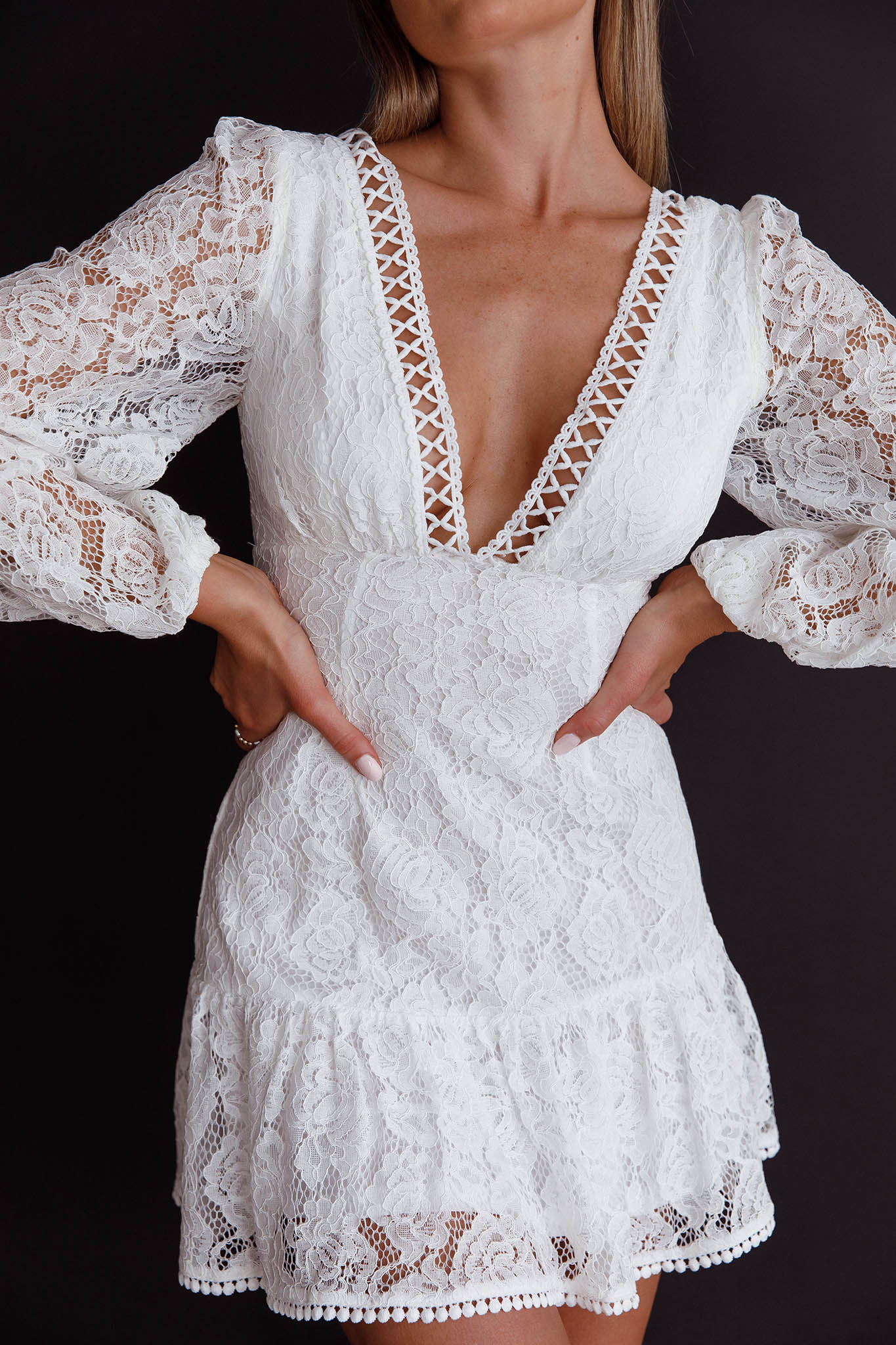 Summer Wine Long Sleeve Lace Dress White-Maymioy