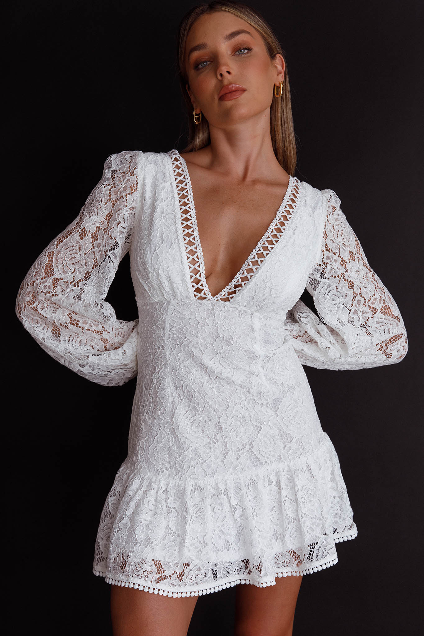 Summer Wine Long Sleeve Lace Dress White-Maymioy