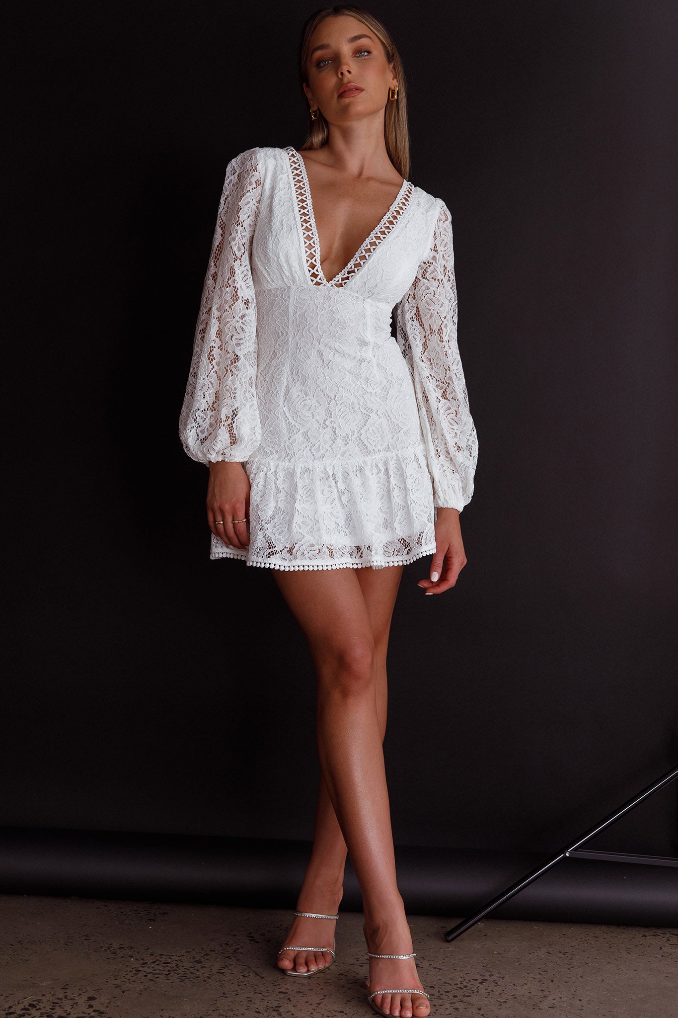 Summer Wine Long Sleeve Lace Dress White-Maymioy