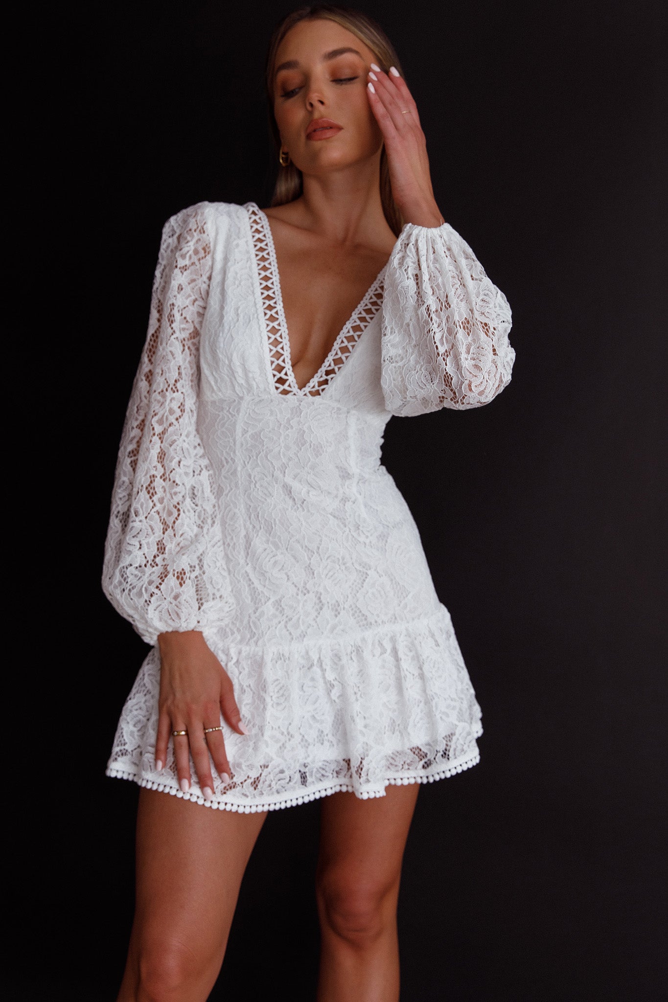 Summer Wine Long Sleeve Lace Dress White-Maymioy