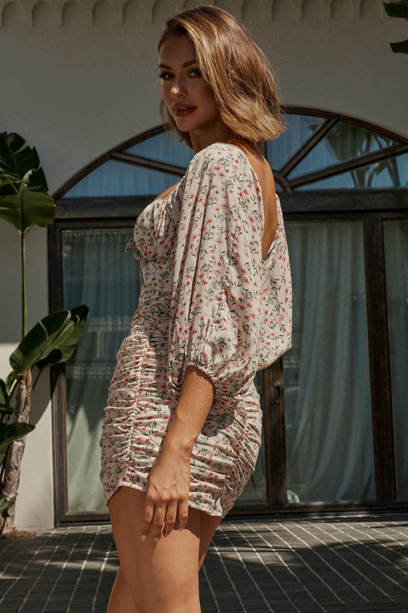 Sunny Day Balloon Sleeve Ruched Mini Dress Floral Print Beige-Maymioy