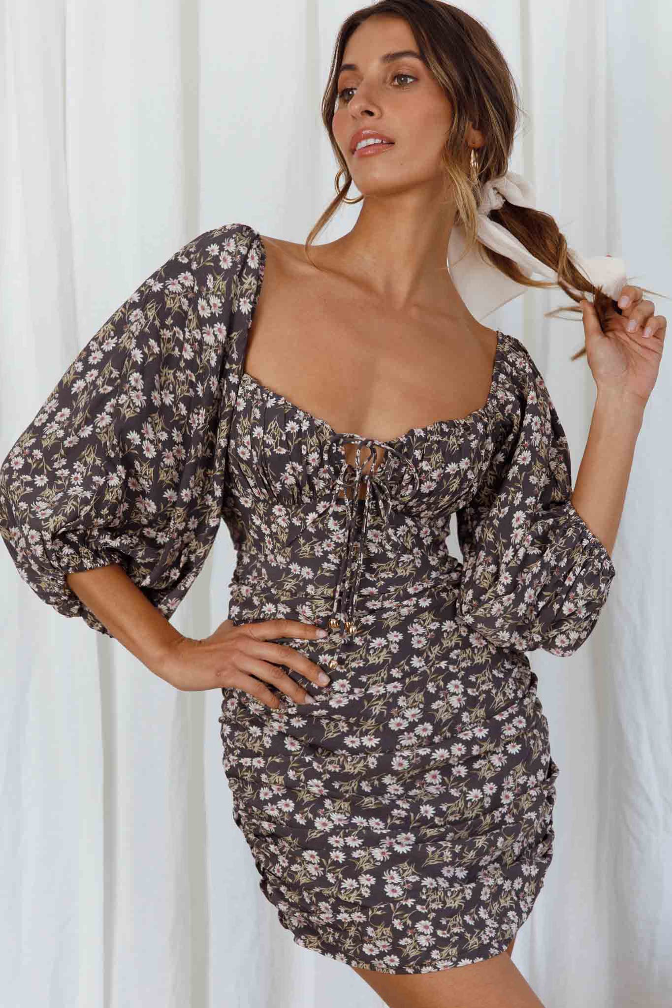 Sunny Day Balloon Sleeve Ruched Mini Dress Floral Print Grey-Maymioy