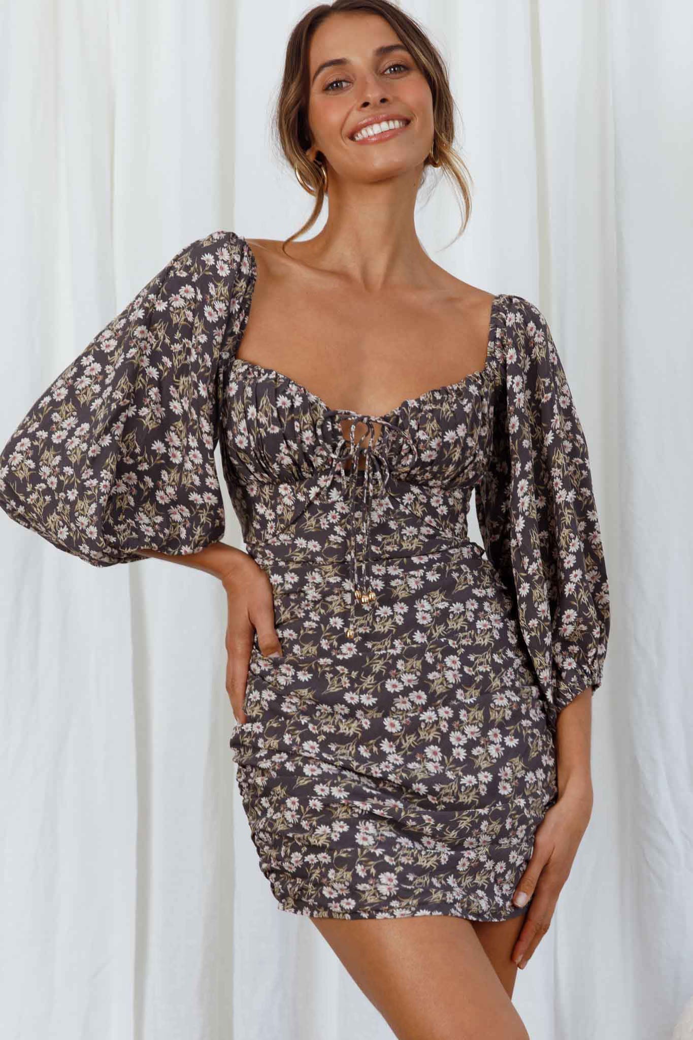 Sunny Day Balloon Sleeve Ruched Mini Dress Floral Print Grey-Maymioy