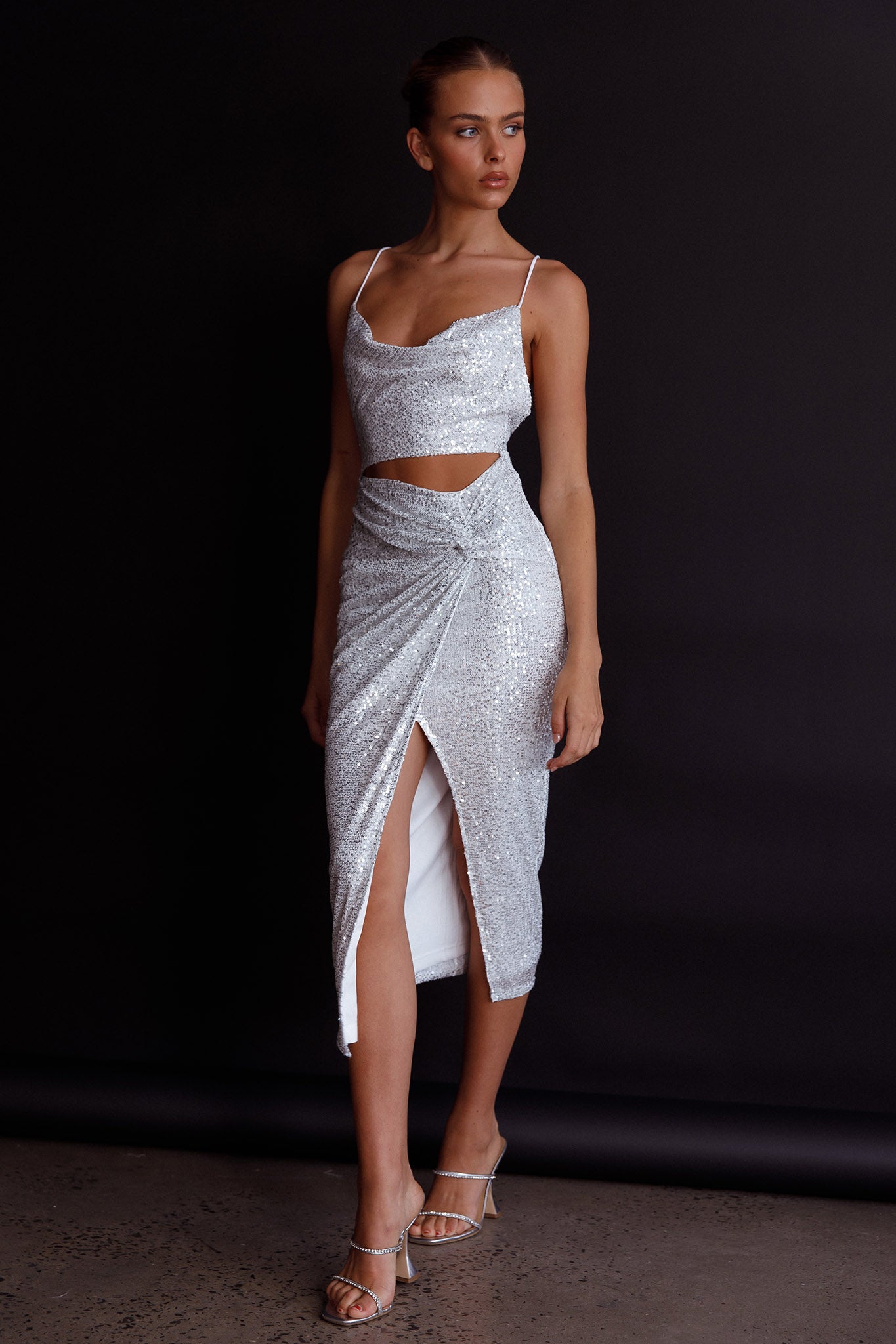 Miami Nights Cowl Neckline Twist Feature Midi Dress Sequin Silver-Maymioy