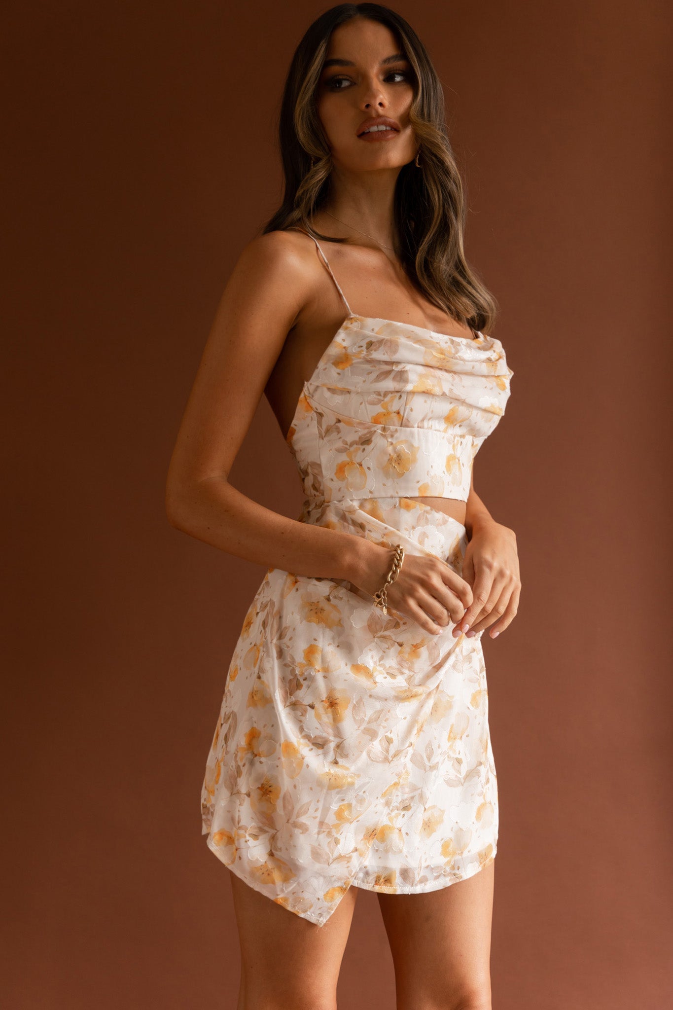 Miami Nights Cowl Neckline Twist Feature Mini Dress Floral Orange-Maymioy