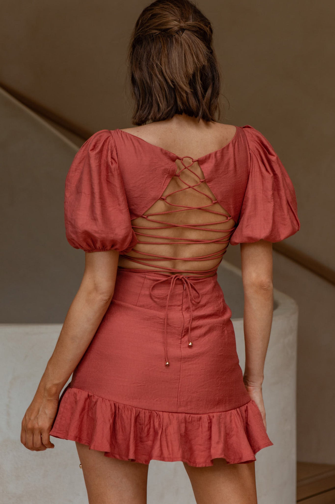 Rhode Puff Sleeve Strappy Back Dress Rose-Maymioy