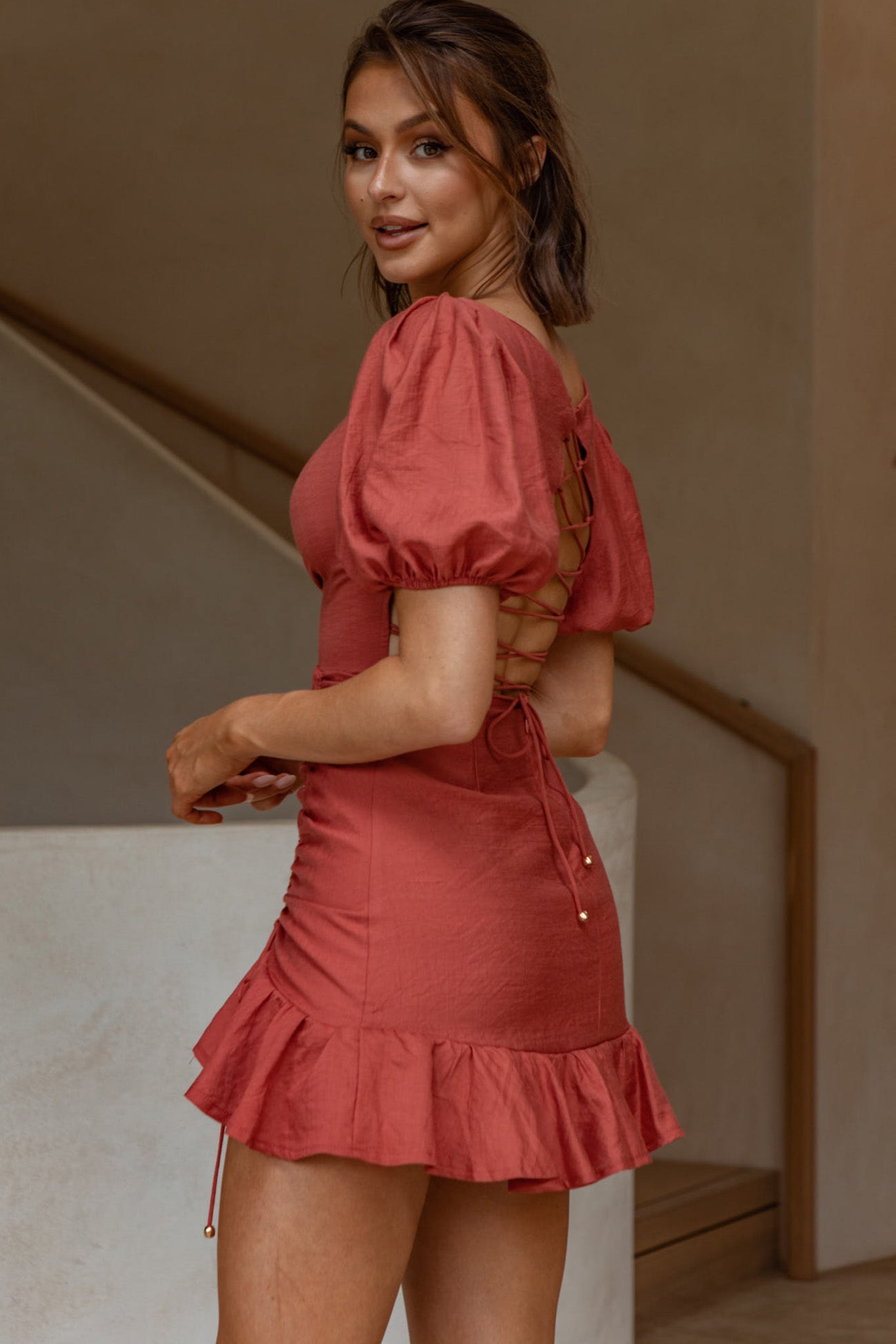 Rhode Puff Sleeve Strappy Back Dress Rose-Maymioy
