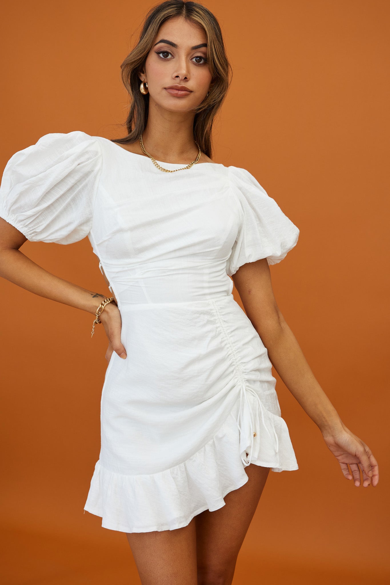 Rhode Puff Sleeve Strappy Back Dress White-Maymioy