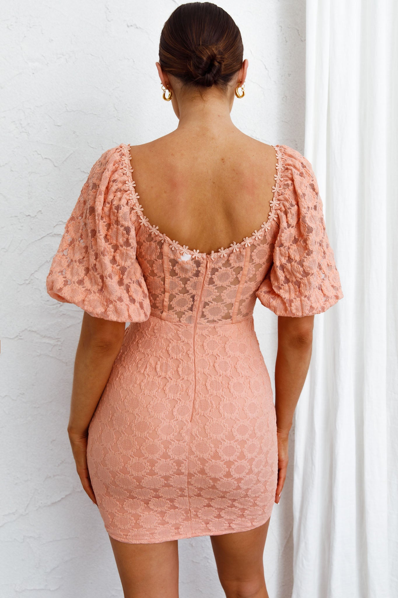 Secret Crush Puff Sleeve Floral Lace Bodycon Dress Peach-Maymioy