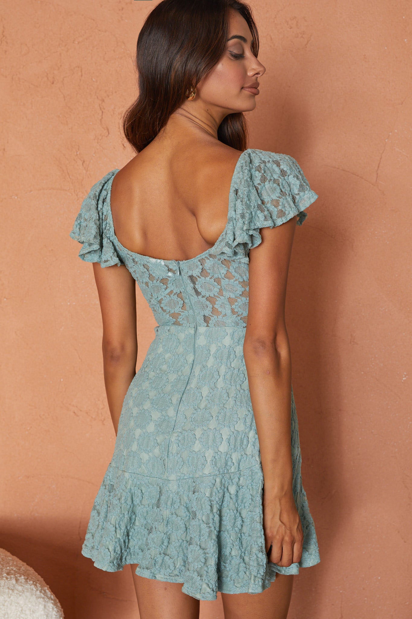 Secret Crush Flutter Sleeve Floral Lace Ruffle Hem Dress Mint-Maymioy