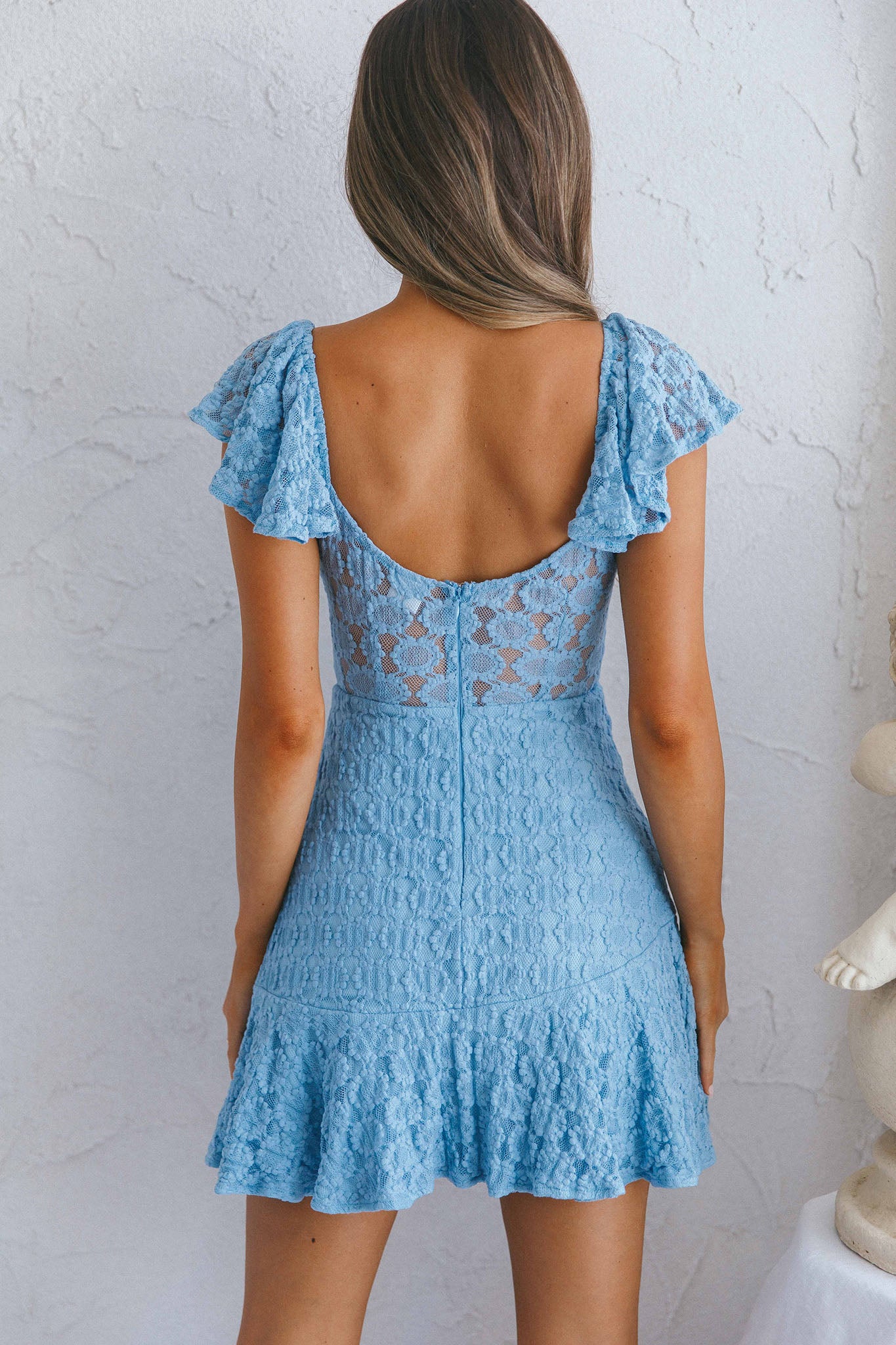 Secret Crush Flutter Sleeve Floral Lace Ruffle Hem Dress Blue-Maymioy