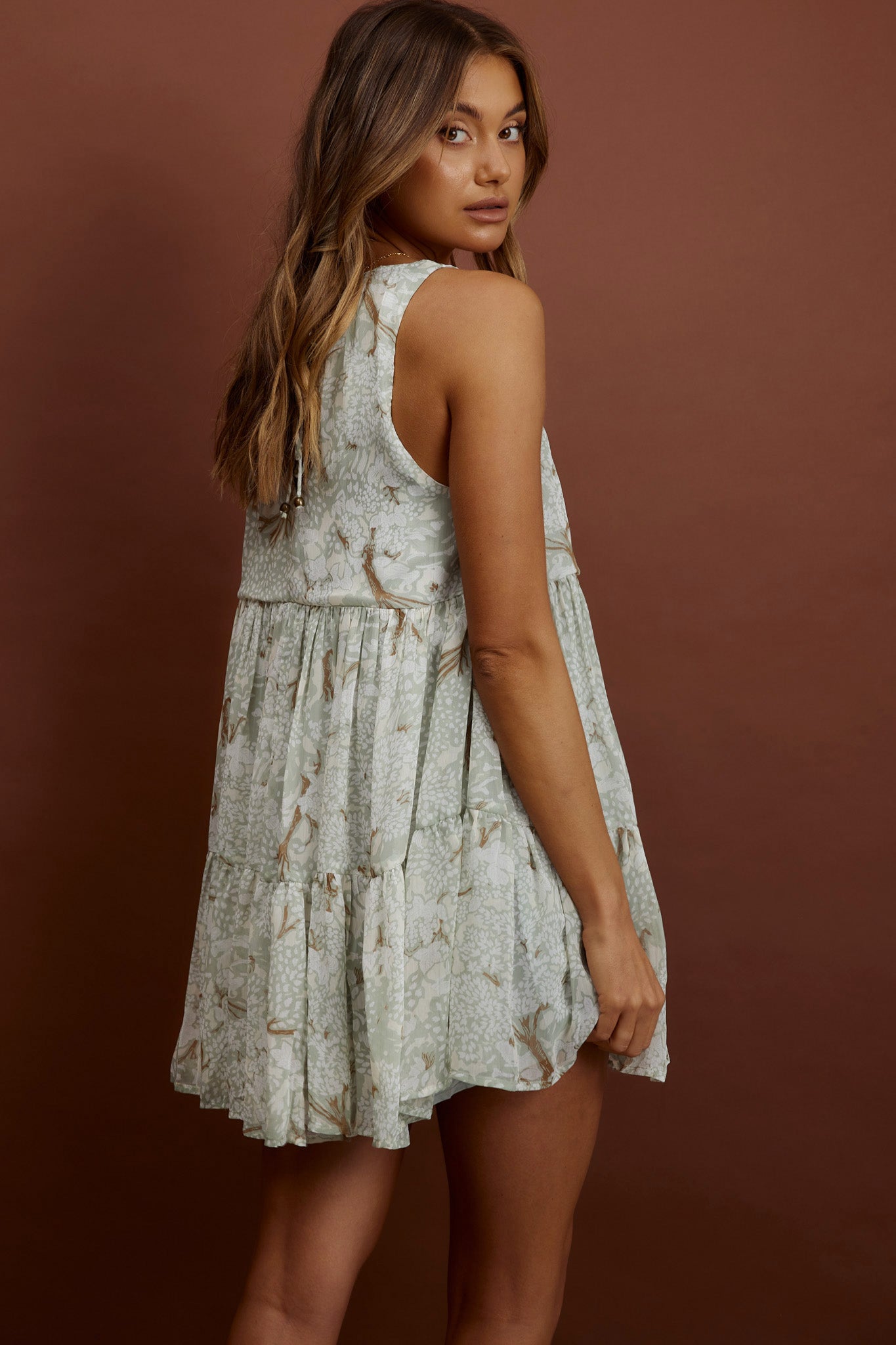 Kennedi String Tie Shift Dress Floral Sage-Maymioy
