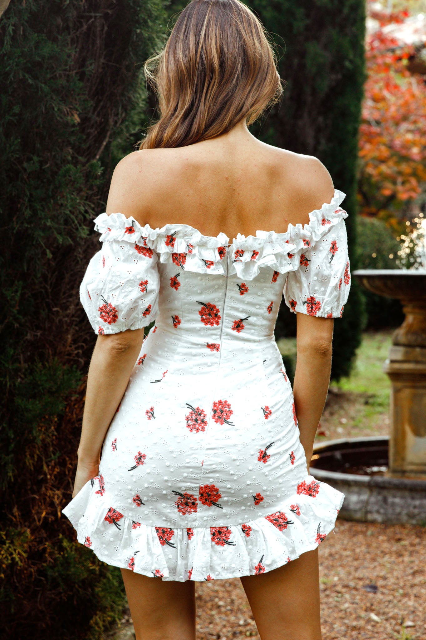 Morning Song Off-Shoulder Frill Trim Embroidery Dress Floral Print Red-Maymioy