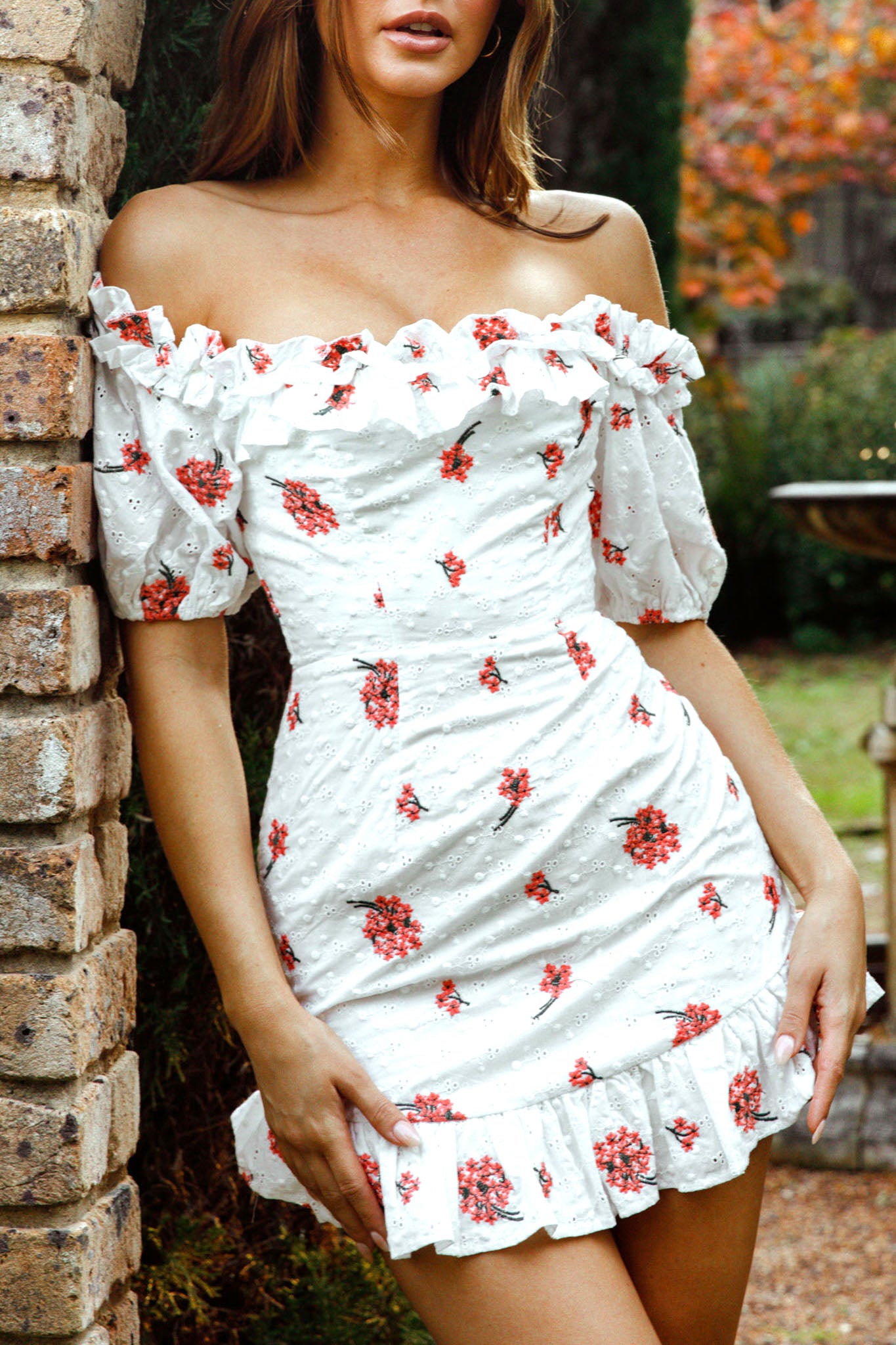 Morning Song Off-Shoulder Frill Trim Embroidery Dress Floral Print Red-Maymioy