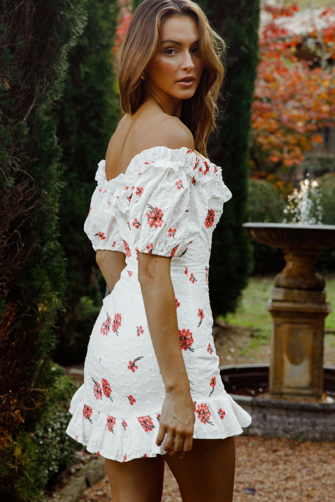 Morning Song Off-Shoulder Frill Trim Embroidery Dress Floral Print Red-Maymioy