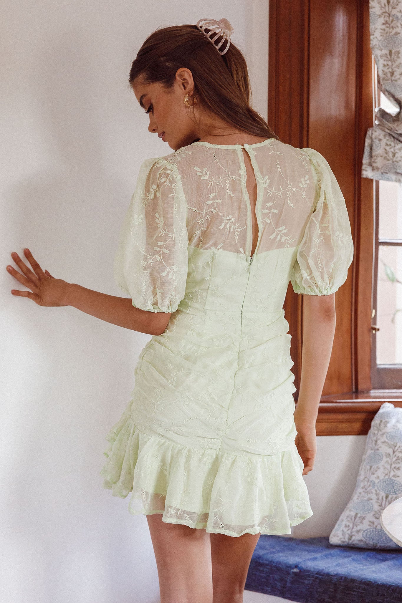 Cherry Blossom Puff Sleeve Wide Ruffle Hem Dress Apple-Maymioy