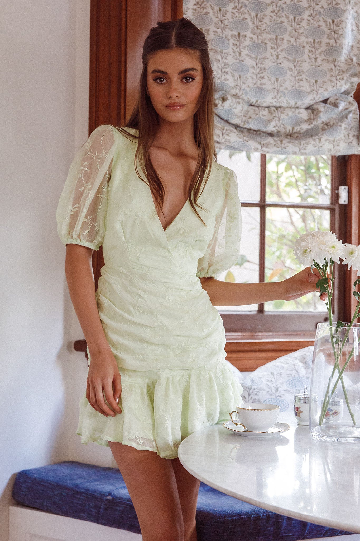Cherry Blossom Puff Sleeve Wide Ruffle Hem Dress Apple-Maymioy